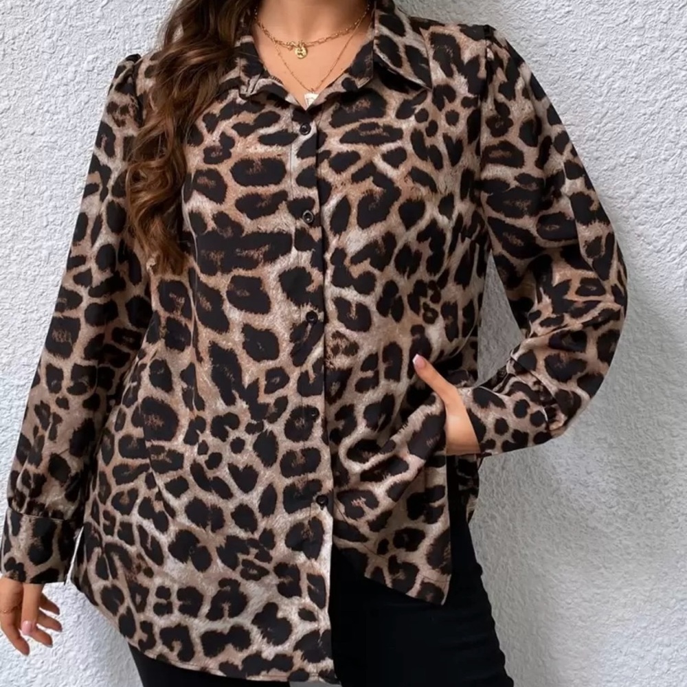 SHEIN Brown Leopard Print Button-Down Shirt 6XL